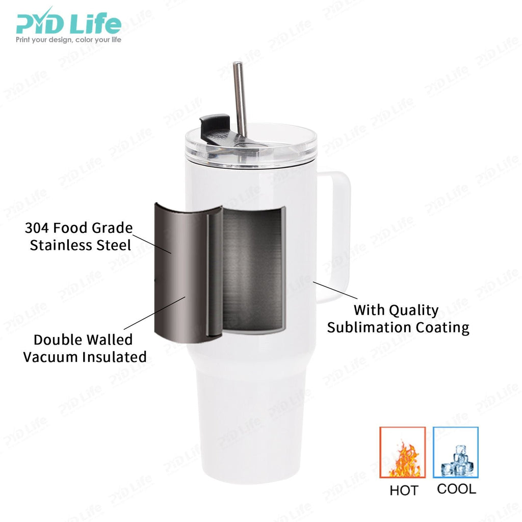 PYD Life 40oz Travel Mug Double Wall Stainless Steel Sublimation Blank Tumbler Custom Cup with Metal Handle
